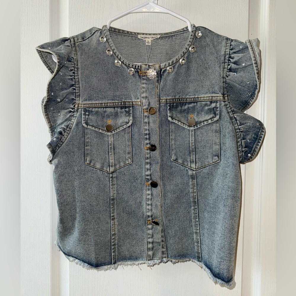 Main Strip Light Wash Denim Ruffle Sleeve Top with Rhinestone Trim